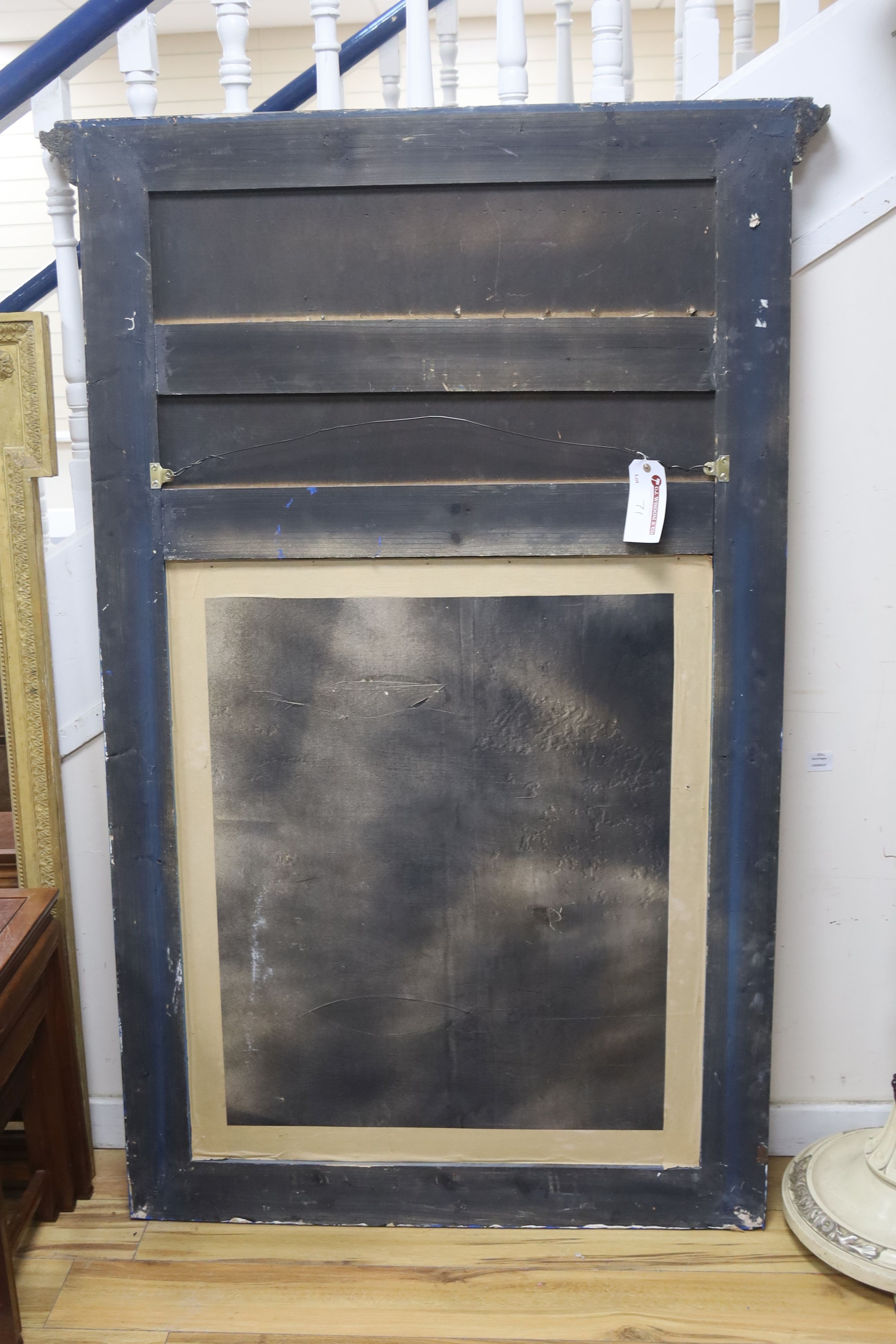 A 19th century French overmantel gilt and gesso mirror with musical themed emblem over on blue background, width 114cm, height 172cm